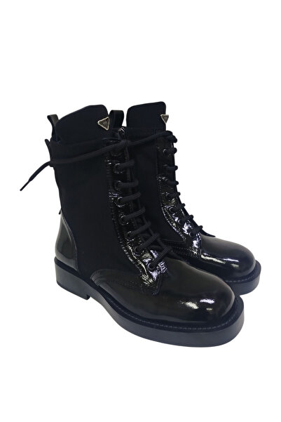 DRY SHOES Hakiki Deri Siyah Paraşut Kadın Bot Ayakkabı Yuvarlak Burun Düz Fer...