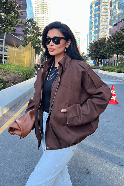 giyimmasalı Бомбър яке с еполети от тъкан суед - ТЪМНОКАФЯВО