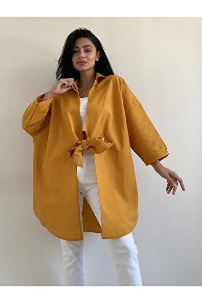KÜÇÜĞÜM BUTİK Mustard Collar Front Tie Casual Poplin Shirt