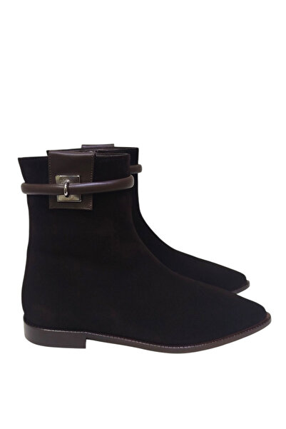 DRY SHOES Hakiki Deri Kahve Süet Kadın Bot Ayakkabı Sivri Burun Düz Taban Fermuarlı Bilekten Bantlı DRY-2111