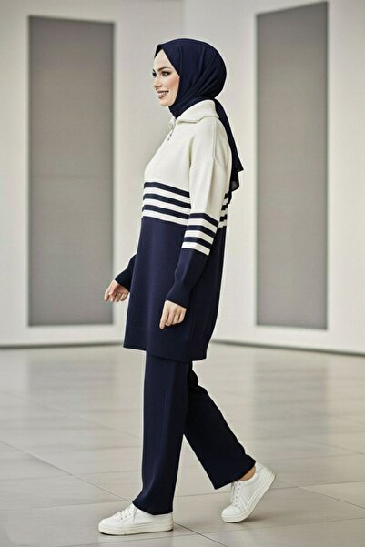 Mercan AYDA TAKIM Triko Tesettür Giyim Kışlık Rahat Kalıp Çizgili Alt Üst İkili Takım Lacivert