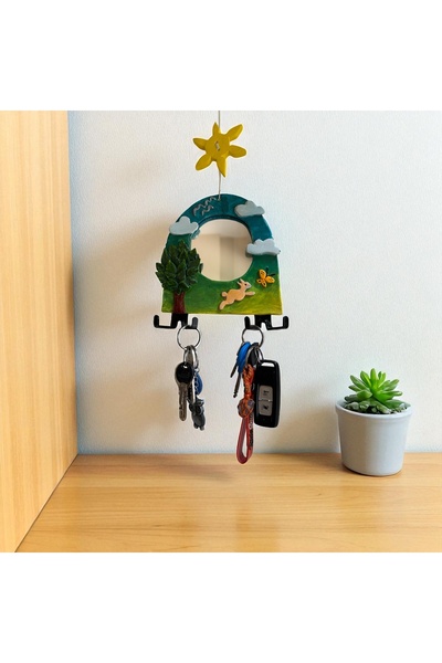 vivus in حامل مفاتيح معلق على الحائط على شكل أرنب مع مرآة، مصنوع يدويًا بنمط ...