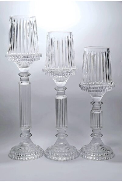 Kristal Market El Yapımı Kristal Desenli Şeffaf Lüks Mumluk Şamdan Set 3'lü