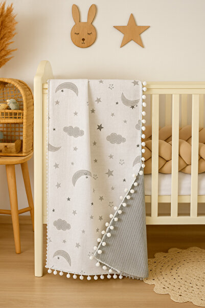 BeygeBaby %100 Pamuktan Gri Bulutlu Müslin Çift Kat Pike Örtü 110x100 Ölçüler...