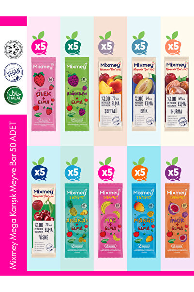 mixmey Mega Mixed Fruit Bar Pack 50 Units |   Healthy Snacks – Vegan, Gluten Free (20Gr X 50 Pcs)