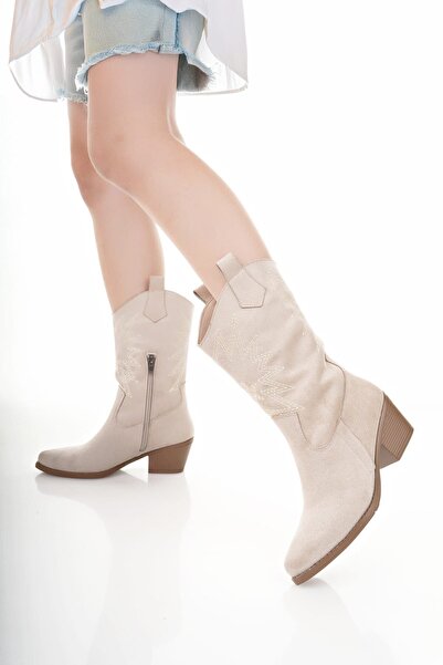 BAHRİNA Kadın Bej Süet Western İşlemeli Uzun Kovboy Çizme