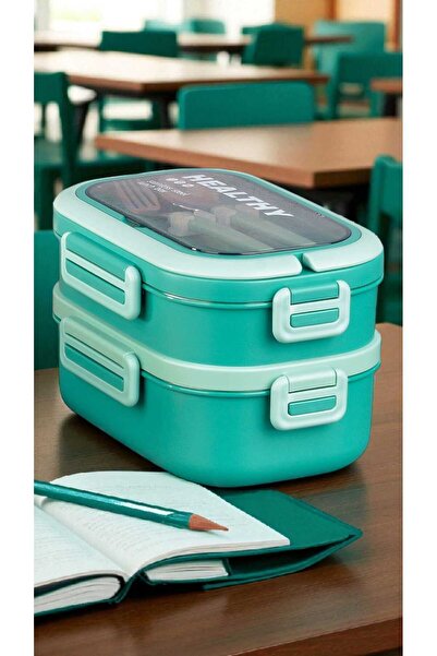 Akayev 1650ml Two-Layer 4-Compartment Stainless Steel Food Container with Fork and Spoon Green