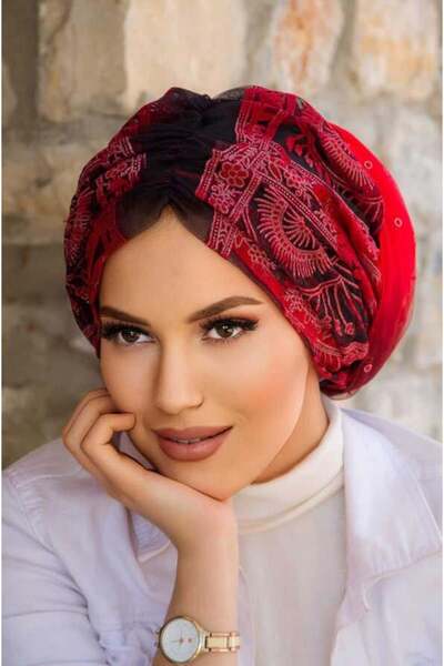 Aişe tesettür Red Black Shirred Wrapped Bonnet
