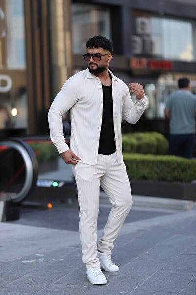 L-KOM Çizgili Slim Fit 2li Takım (Gömlek & Pantolon) - Pamuklu Rahat Takım Elbise