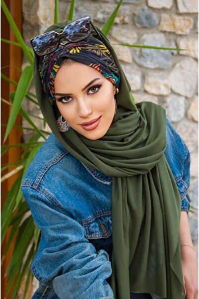 Aişe tesettür Khaki Black Gathered Ready Shawl - 50601