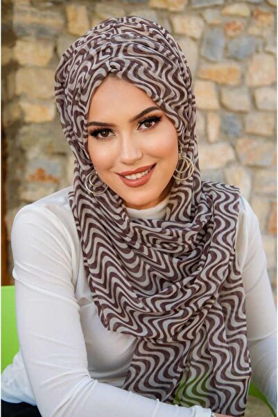 Aişe tesettür Brown Stone Color Geometric Pattern Ready-Made Shawl