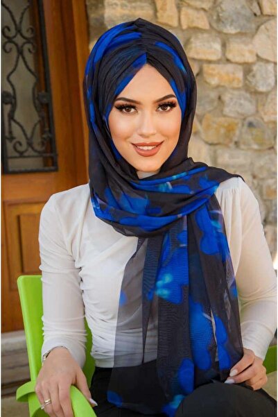 Aişe tesettür Black Saks Blue Batik Pattern Ready Shawl