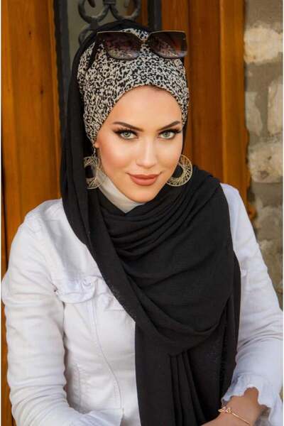 Aişe tesettür Μαύρο εκρού πουά μπονέτο έτοιμο σάλι