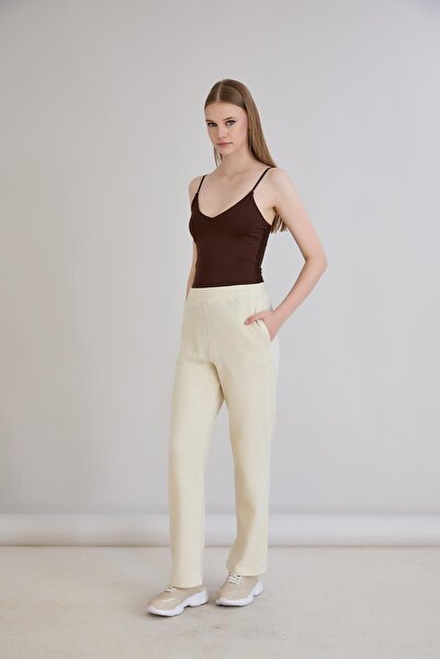 Sortie Women's Regular Fit Pipe Leg Ecru Color Glitter Knitted Knitwear Trousers