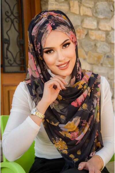 Aişe tesettür Siyah Çiçek Desen Hazır Şal