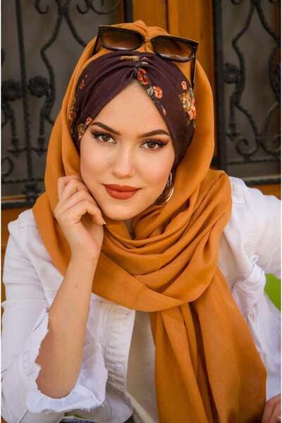 Aişe tesettür Έτοιμο σάλι Tan Şebboy με μοτίβο λουλουδιών