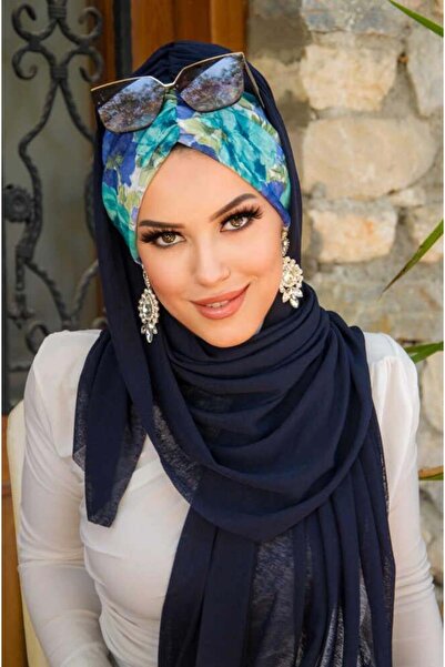 Aişe tesettür Lacivert Turkuaz Çiçek Desen Hazır Şal