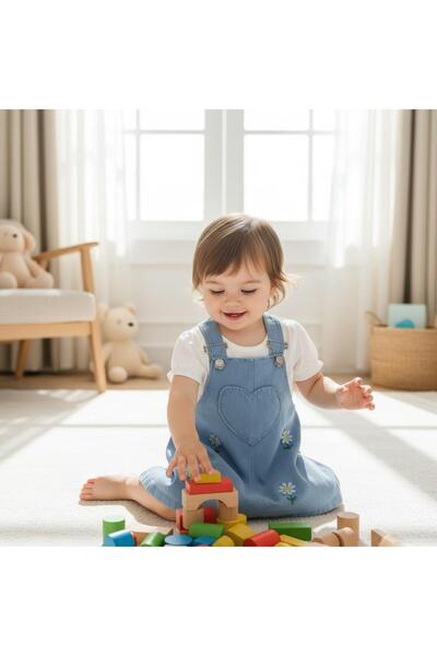 ALTINTAŞ BABY Papatya Nakışlı Kalp Desenli Kot Görünümlü Pamuklu 2li Salopet Set