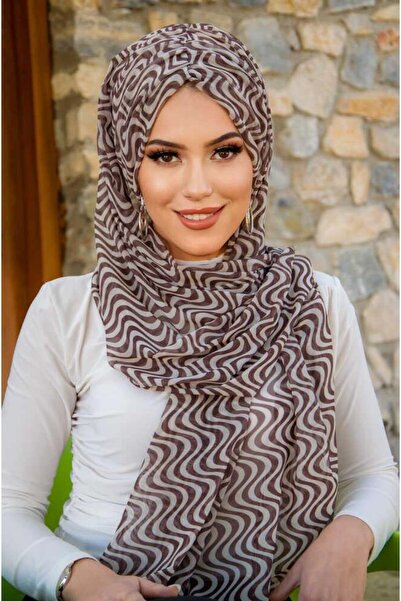 Aişe tesettür Brown Stone Color Geometric Pattern Ready-Made Shawl