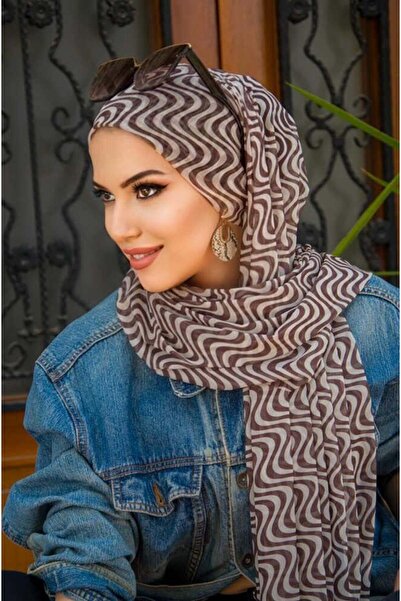 Aişe tesettür Brown Stone Spiral Patterned Bonnet Ready Shawl