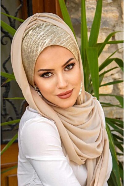 Aişe tesettür Beige Gold Bonnet Ready Shawl