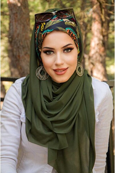 Aişe tesettür Khaki Black Leaf Pattern Bonnet Ready Shawl