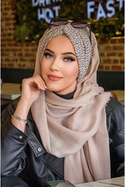 Aişe tesettür Grey Beige Pattern Ready Shawl