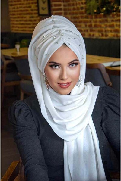 Aişe tesettür Βραδινό φόρεμα με λεπτομέρεια από ανοιχτό λευκό πέτρα με κορδόνι περιτύλιξης