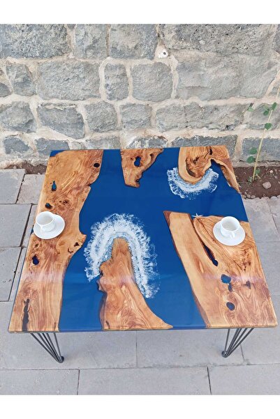 SUR AHŞAP EPOKSİ Zeytin Ağacından El Yapımı Ahşap Epoksi Tekli Kare Sehpa -78*78 cm - Yükseklik 52 cm