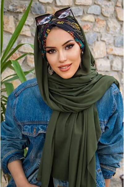 Aişe tesettür Khaki Black Gathered Ready Shawl - 50601