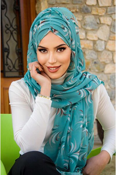 Aişe tesettür Mint Retro Desen Hazır Şal