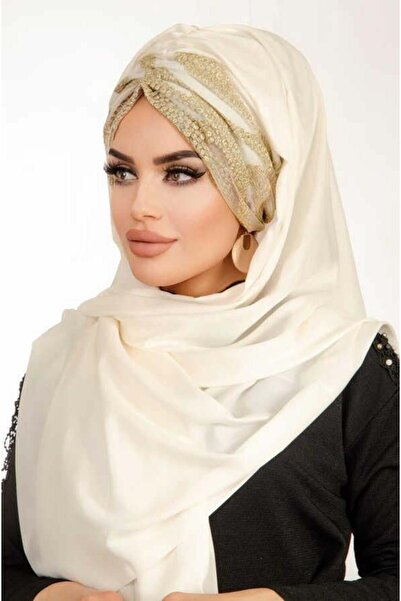 Aişe tesettür Ecru Gold Lace Ready-made Chiffon Shawl