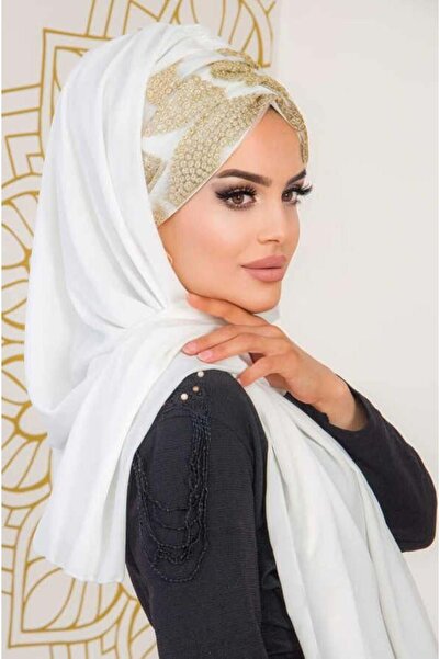 Aişe tesettür Στιγμιαίο σάλι σιφόν με λευκόχρυσο δαντέλα
