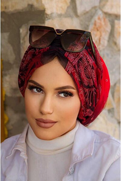 Aişe tesettür Red Black Shirred Wrapped Bonnet