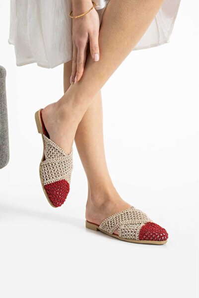 Moda Devrin Kırmızı Örgülü Çapraz Kapalı Kadın Terlik Ev Ve Dış Mekan Terliği