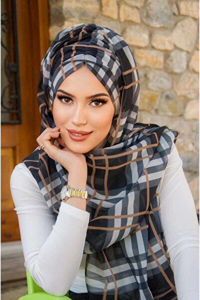 Aişe tesettür Готова шаль з чорно-бежевим візерунком у клітинку