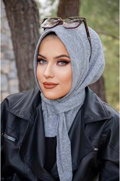 Aişe tesettür Gri Triko Kışlık Hazır Eşarp