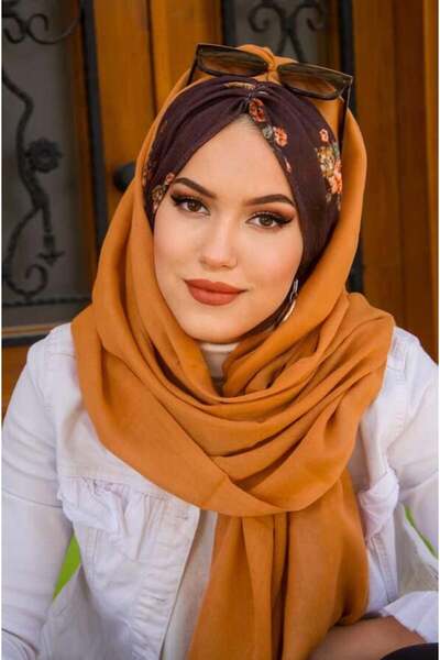 Aişe tesettür Έτοιμο σάλι Tan Şebboy με μοτίβο λουλουδιών