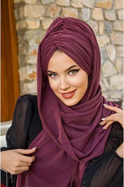 Aişe tesettür Mürdüm Işıltılı Büzgülü Hazır Şal