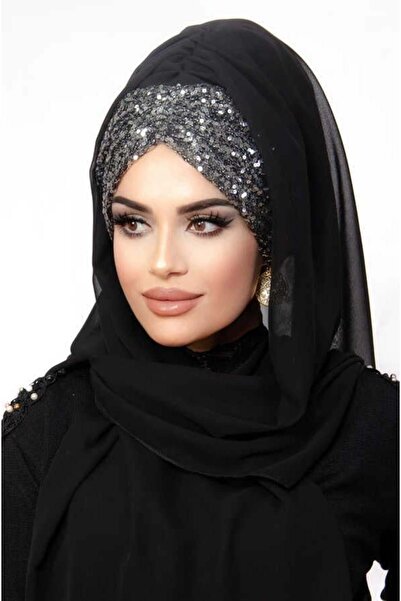 Aişe tesettür Siyah Büzgülü Hazır Abiye Şal - 60400