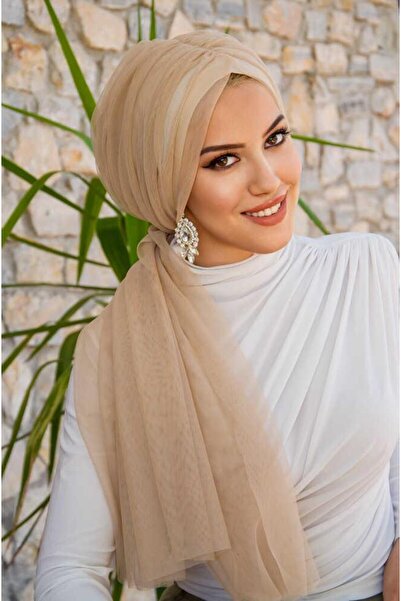 Aişe tesettür Beige Tulle Gathered Wrap Bonnet