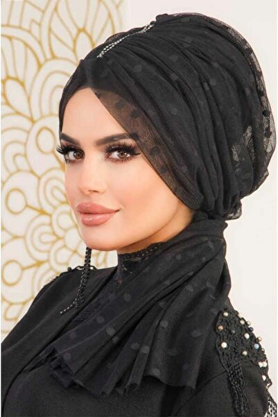 Aişe tesettür فستان سهرة منقط باللون الأسود مع غطاء رأس بإبزيم