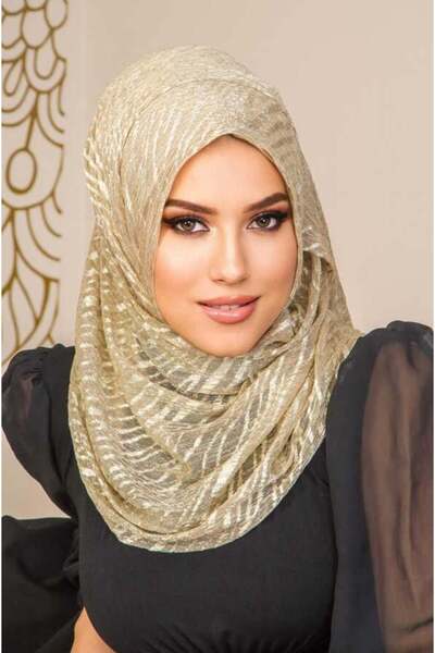 Aişe tesettür Gold Tulle Patterned Double Shawl