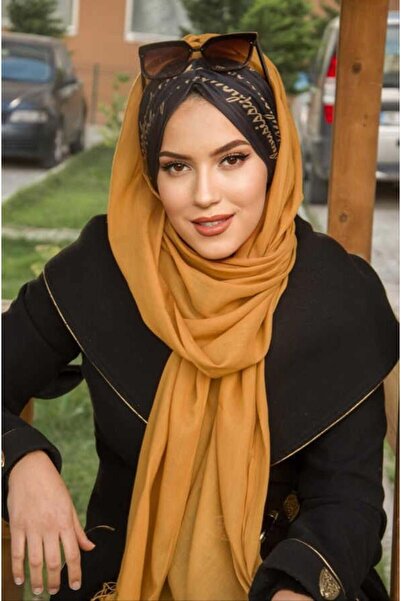 Aişe tesettür شال جاهز بنمط نص أسود خردل