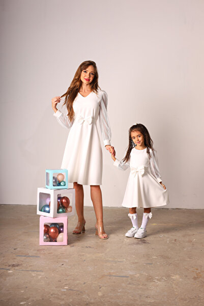 KÜÇÜĞÜM BUTİK Beyaz File Kollu Kloş Elbise Anne Kız Kombini (ANNE VE ÇOCUK AYRI AYRI SEPETE EKLENMELİDİR)