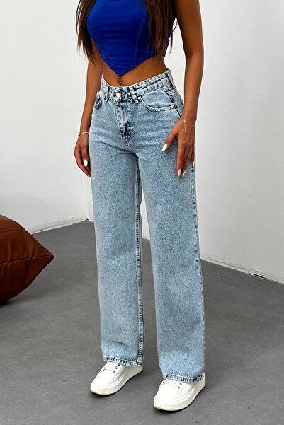 BİKELİFE Women's Light Blue Snow Wash High Waist Lycra Stretchy Wide Leg Jeans