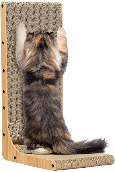 VELORA Cat Scratching Board with Toy Ball – Medium 18.9 Inch L-Shaped Scratcher for Indoor Cats