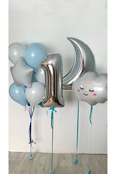 SİNDA 1 Yaş Doğum Günü Partisi - Gümüş Ay Balon - Gülen Bulut Balon Konsept S...