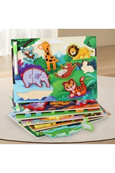 Picodino 3D puzzle, wooden board with writing surface and marker, wild animals