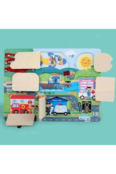 Picodino Wooden Busy Board with Lace and Locks - Vehicles